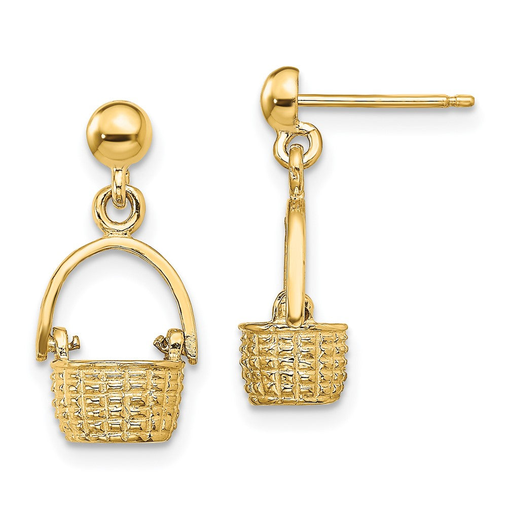 14K Yellow Gold 3D Basket Moveable Handle Dangle Earrings