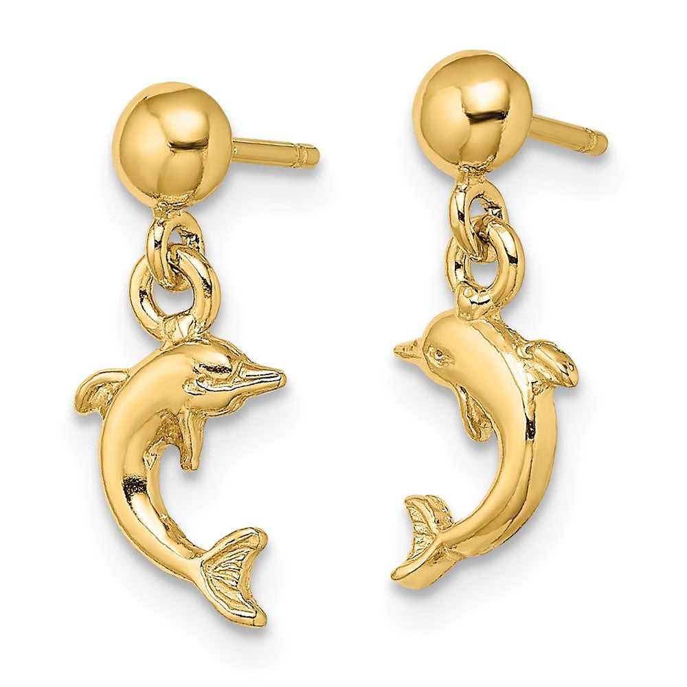 14K Yellow Gold Mini Jumping Dolphin Dangle Earrings