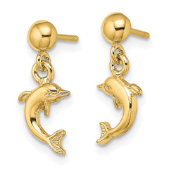 14K Yellow Gold Mini Jumping Dolphin Dangle Earrings