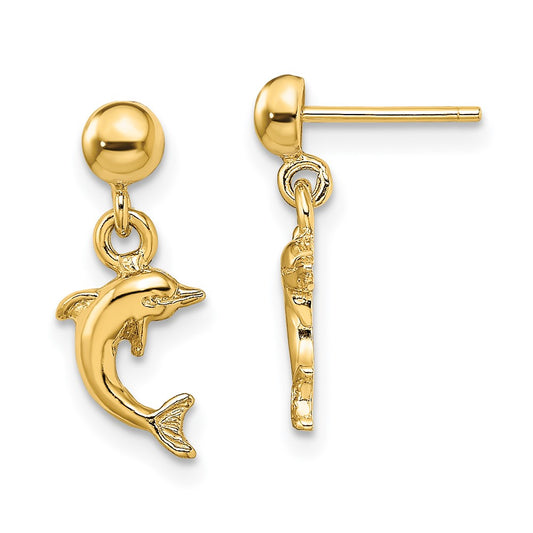 14K Yellow Gold Mini Jumping Dolphin Dangle Earrings