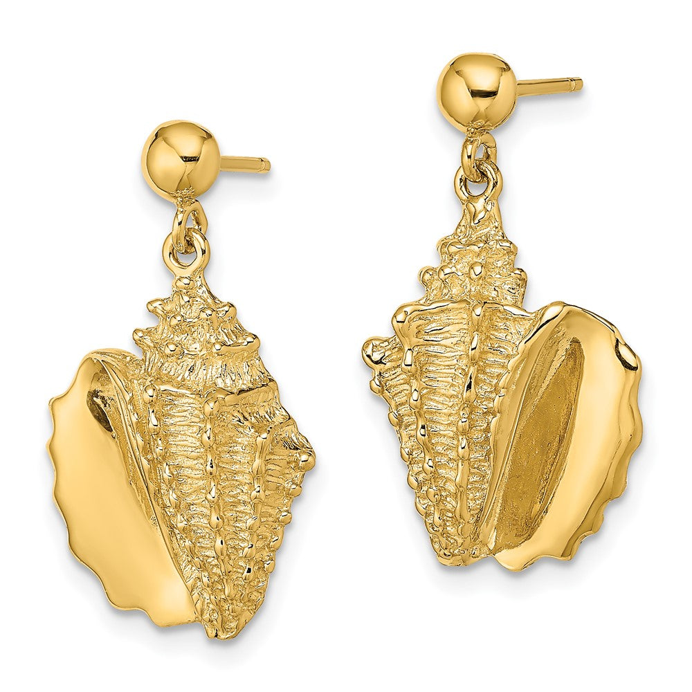 14K Yellow Gold 2D Conch Shell Dangle Post Earrings