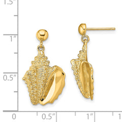 14K Yellow Gold 2D Conch Shell Dangle Post Earrings