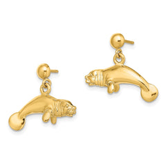 14K Yellow Gold 3D Polished Manatee Dangle Earrings