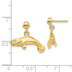 14K Yellow Gold 3D Polished Manatee Dangle Earrings