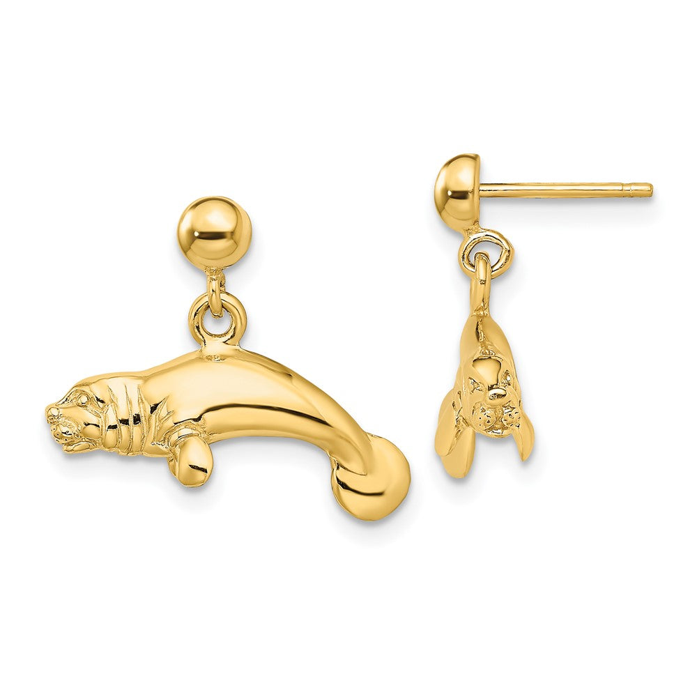 14K Yellow Gold 3D Polished Manatee Dangle Earrings