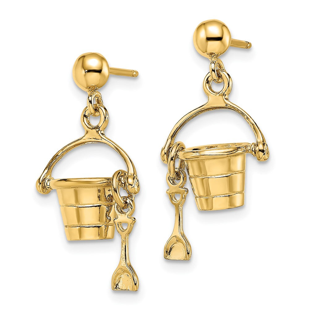 14K Yellow Gold 3D Beach Bucket with Shovel Dangle Earrings