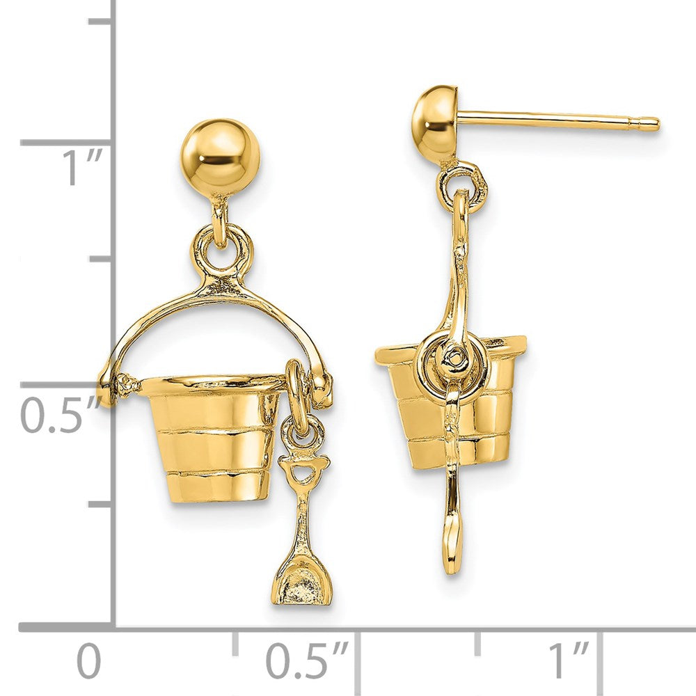 14K Yellow Gold 3D Beach Bucket with Shovel Dangle Earrings