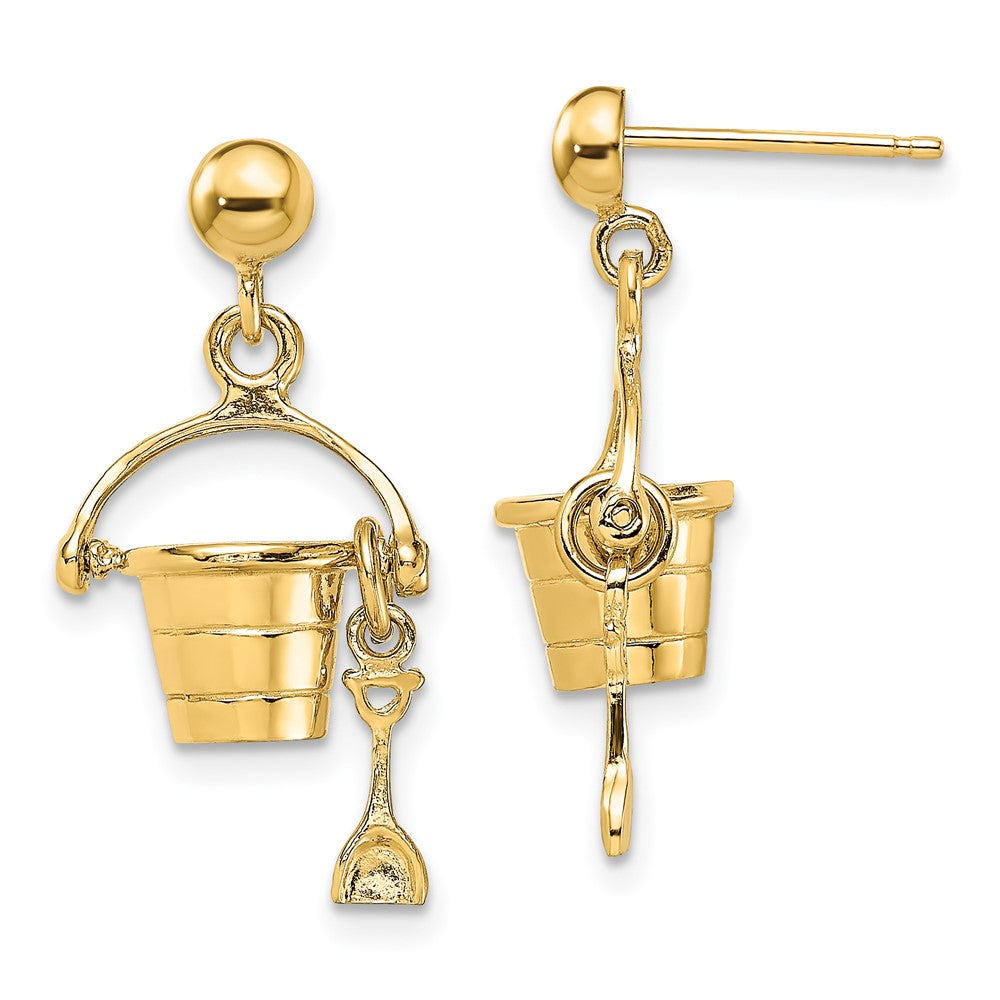 14K Yellow Gold 3D Beach Bucket with Shovel Dangle Earrings