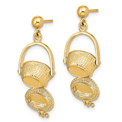 Pendientes colgantes con forma de cesta Nantucket en 3D de oro amarillo de 14 quilates