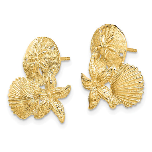 14K Yellow Gold Sand Dollar, Starfish & Scallop Cluster Post Earrings