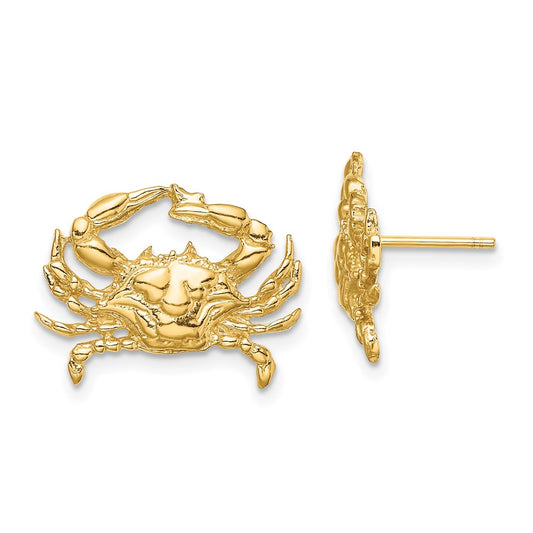 14K Yellow Gold 2D Blue Crab Post Earrings
