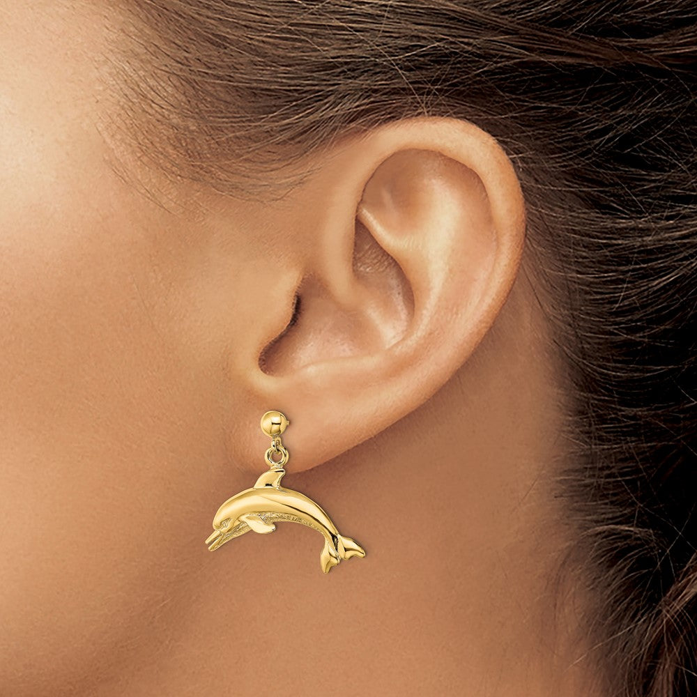 14K Yellow Gold Jumping Dolphin Dangle Earrings