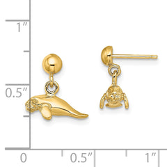 14K Yellow Gold 3D Polished Mini Manatee Dangle Earrings