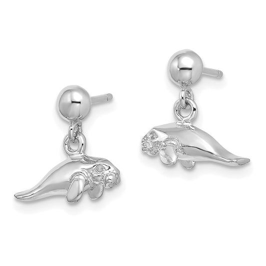 14K White Gold 3D Polished Mini Manatee Dangle Earrings