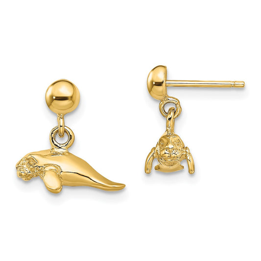 14K Yellow Gold 3D Polished Mini Manatee Dangle Earrings