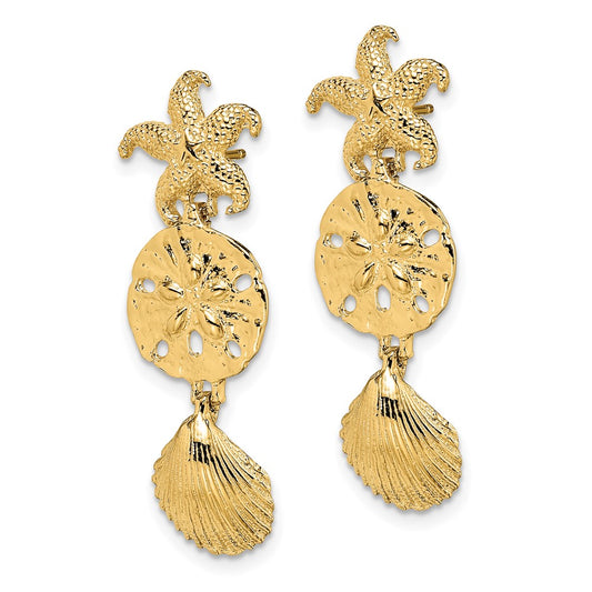 14K Yellow Gold Diamond-cut Starfish, Shell ,Sand Dollar Dangle Earrings