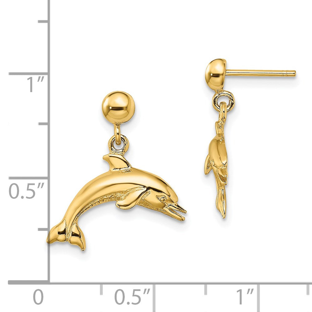 14K Yellow Gold Jumping Dolphin Dangle Earrings