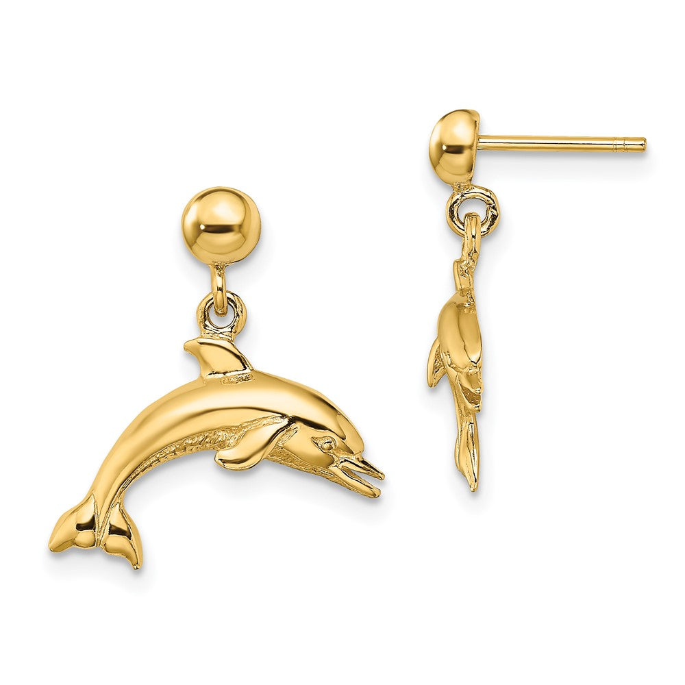 14K Yellow Gold Jumping Dolphin Dangle Earrings