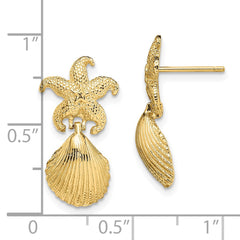 14K Yellow Gold Starfish Scallop Shell Dangle Earrings