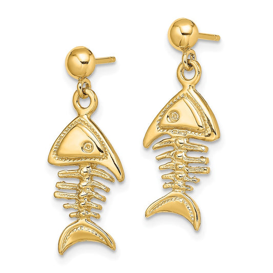 14K Yellow Gold 3D Fishbone Dangle Earrings