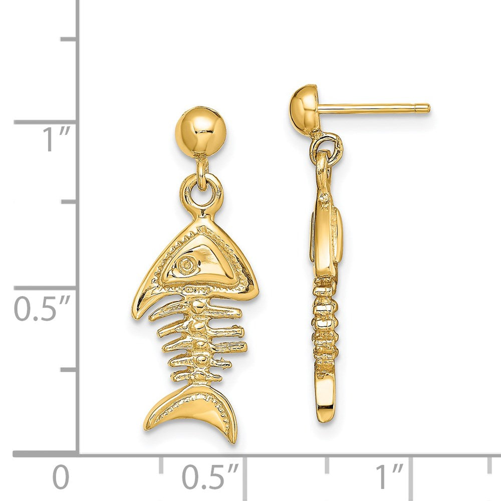 14K Yellow Gold 3D Fishbone Dangle Earrings