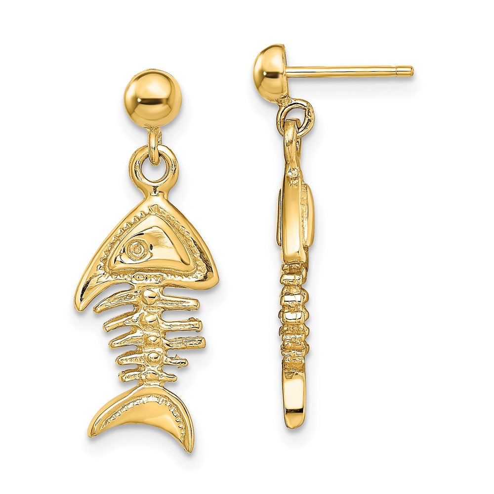 14K Yellow Gold 3D Fishbone Dangle Earrings