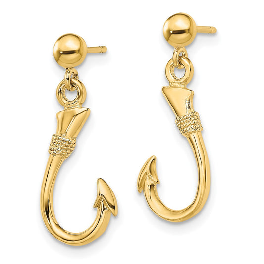 14K Yellow Gold 3D Fish Hook Dangle Earrings