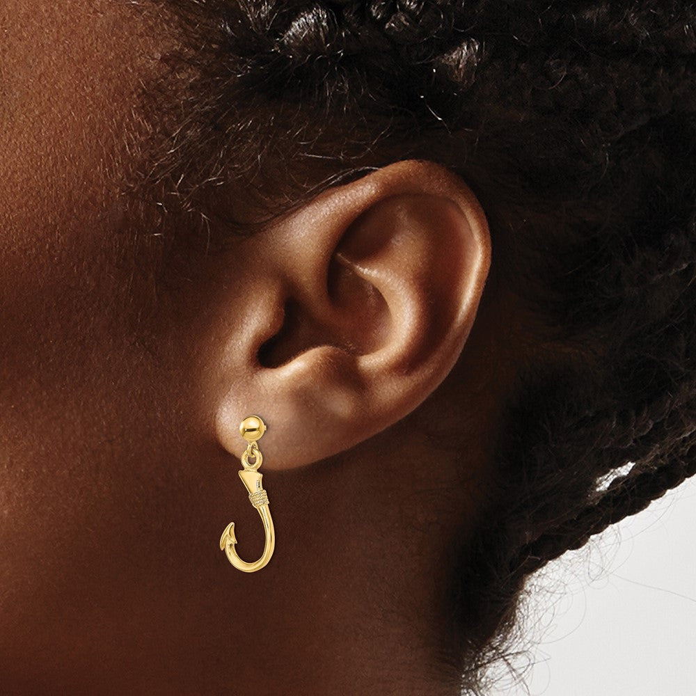 14K Yellow Gold 3D Fish Hook Dangle Earrings