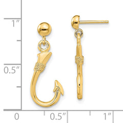 14K Yellow Gold 3D Fish Hook Dangle Earrings