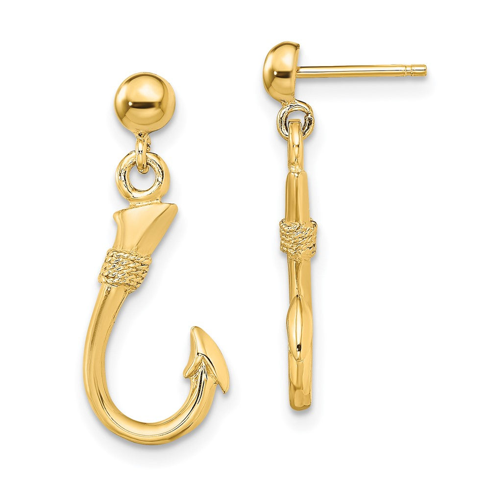 14K Yellow Gold 3D Fish Hook Dangle Earrings