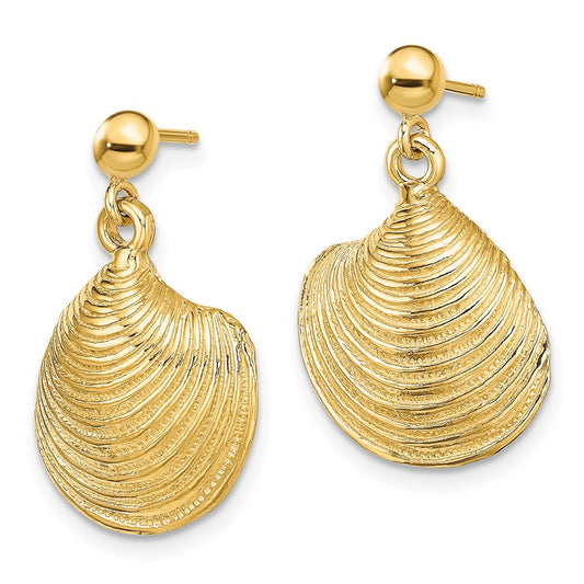 14K Yellow Gold 2D Textured and Polished Clam Shell Dangle Earrings