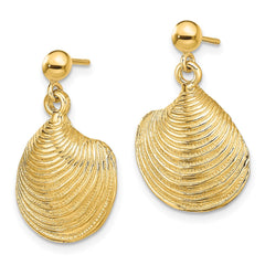 14K Yellow Gold 2D Textured and Polished Clam Shell Dangle Earrings