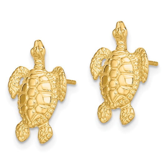 14K Yellow Gold Polished and Textured Sea Turtle Post Earrings