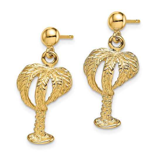 14K Yellow Gold Palm Tree with Full Leaves Dangle Earrings