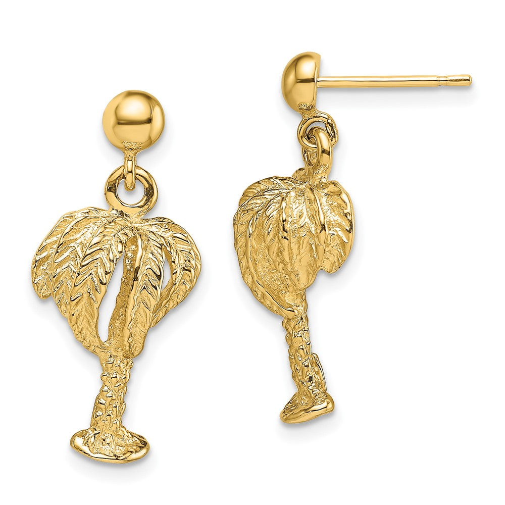 14K Yellow Gold Palm Tree with Full Leaves Dangle Earrings