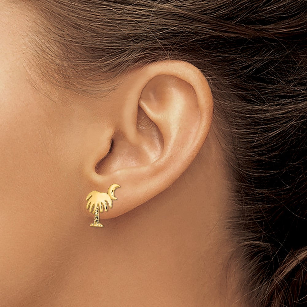 14K Yellow Gold Charleston Palm Tree with Moon Post Earrings