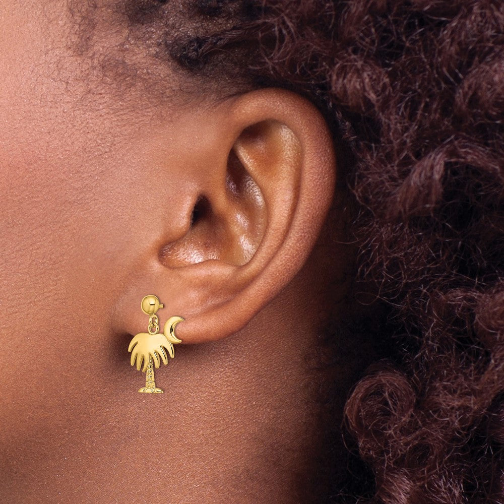 14K Yellow Gold Charleston Palm Tree with Moon Dangle Earrings