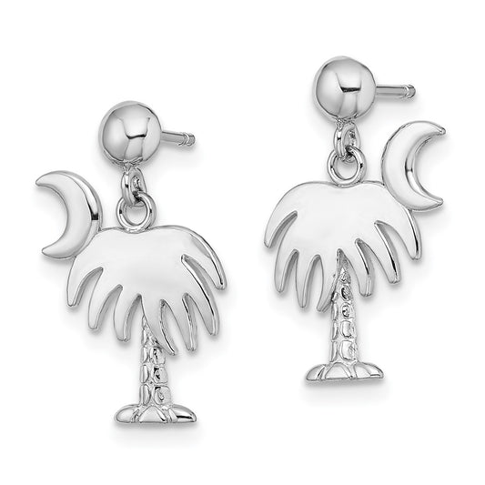 14K White Gold Charleston Palm Tree with Moon Dangle Earrings