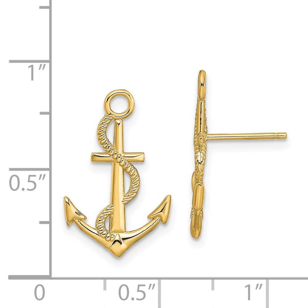 14K Yellow Gold Polished Textured Anchor with Rope Post Earrings