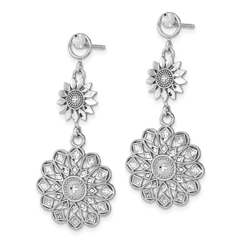 14K White Gold Diamond-cut Sunflower Style Double Drop Earrings