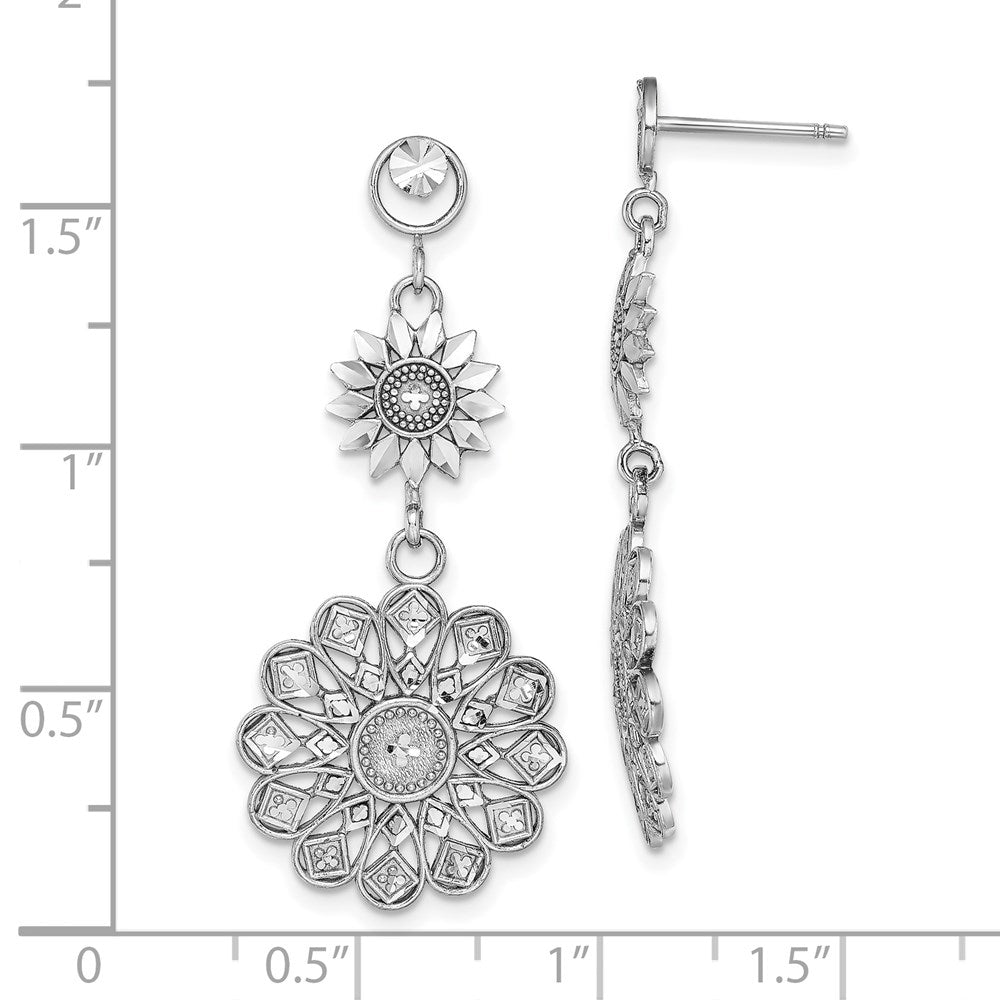 14K White Gold Diamond-cut Sunflower Style Double Drop Earrings