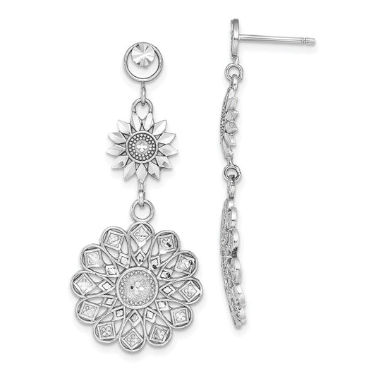 14K White Gold Diamond-cut Sunflower Style Double Drop Earrings