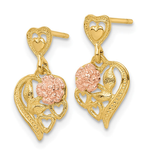 14K Two-Tone Gold Heart with Flower Post Dangle Earrings