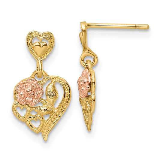 14K Two-Tone Gold Heart with Flower Post Dangle Earrings