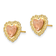 14K Two-Tone Gold Diamond-cut Heart with Lace Trim Post Earrings