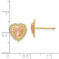 14K Two-Tone Gold Diamond-cut Heart with Lace Trim Post Earrings