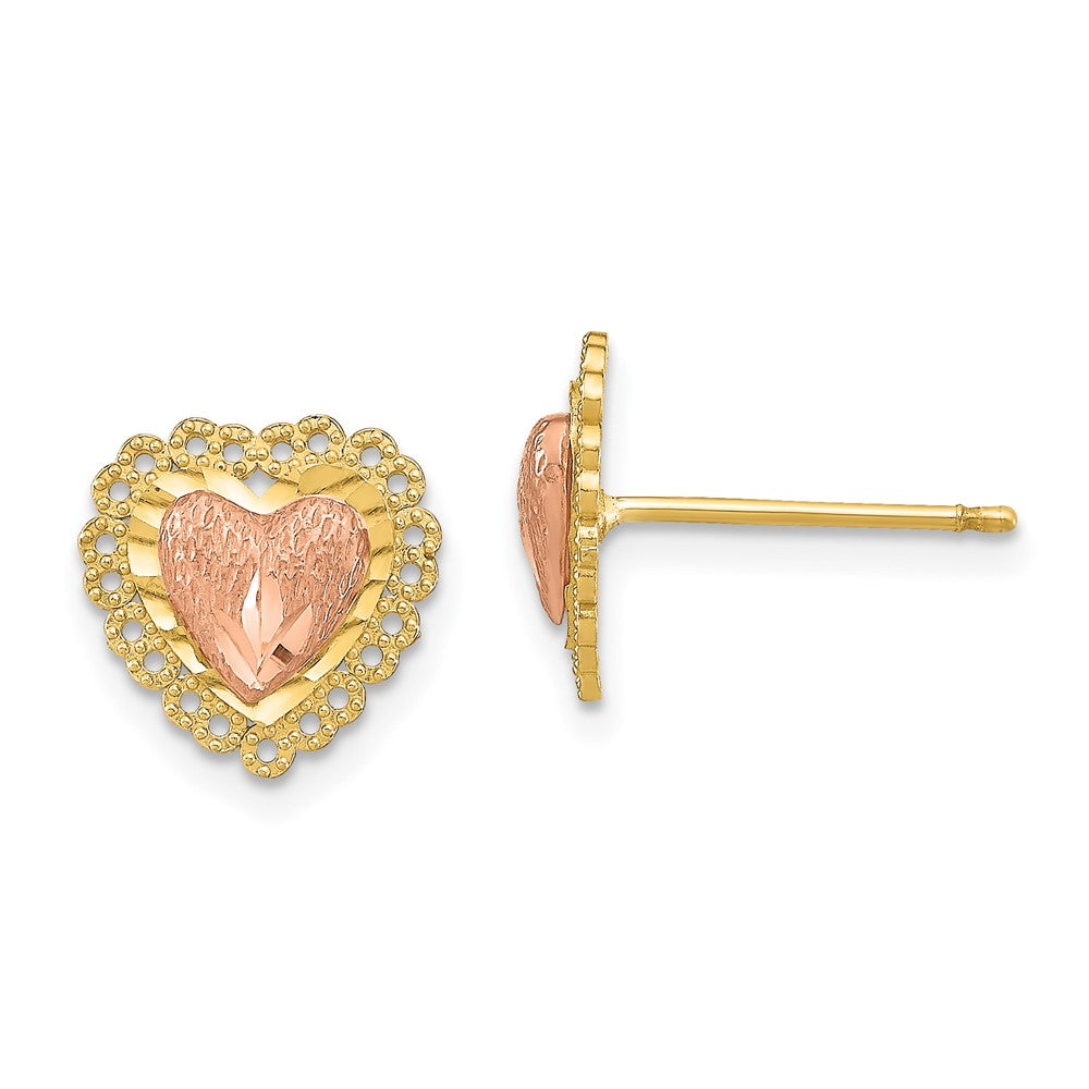 14K Two-Tone Gold Diamond-cut Heart with Lace Trim Post Earrings