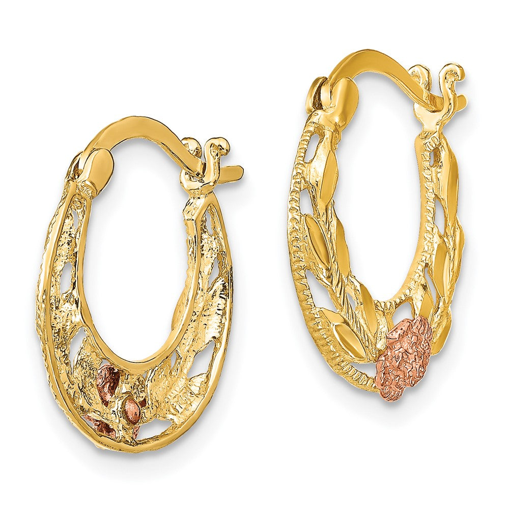 14K Two-Tone Gold Diamond-cut Flowers Hoop Earrings