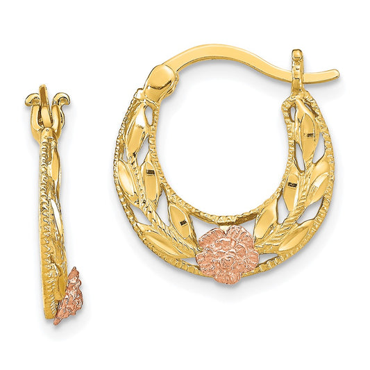 14K Two-Tone Gold Diamond-cut Flowers Hoop Earrings