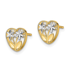 14K Two-Tone Gold Diamond-cut Flower and Heart Post Earrings